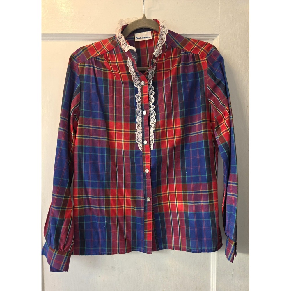 Vintage 70's Paris Station Plaid Button-Up Lace Trim Long Sleeve Women's. M